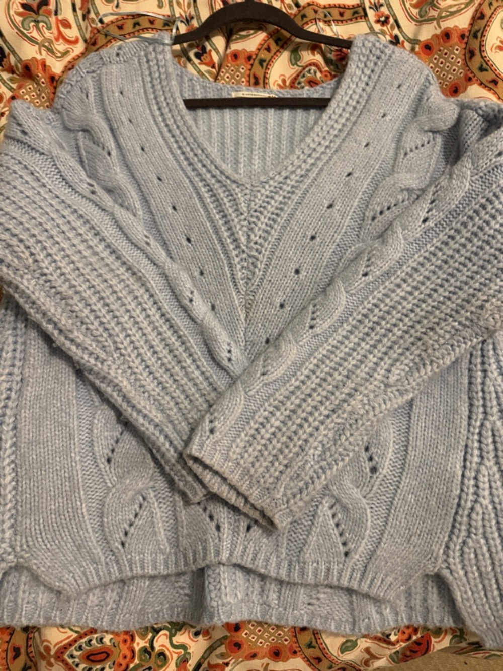 Anthropologie Pale Blue Cable‑Knit V‑Neck Sweater